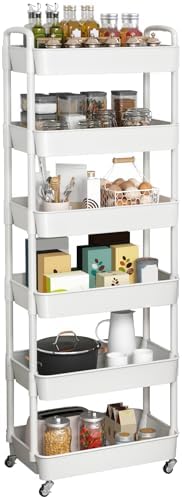 Sywhitta 6-Tier Plastic Rolling Utility Cart with Wheels for Storage,White