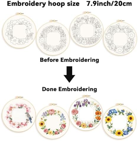 ORIGACH 4 Pack Floral Frame Embroidery Kits for Beginners DIY Starter Hand Embroidery Kit with Floral Wreath Patterns and Instructions for Adults Women Crafting