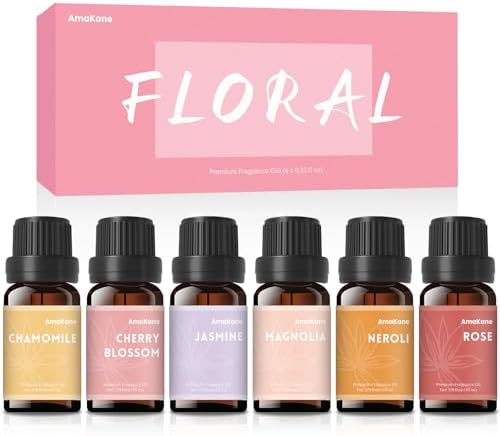 AmaKane Floral Fragrance Oils, Flower Essential Oils for Diffusers for Home, Candle Soap Making Scents 6x10ml, Rose, Jasmine, Chamomile, Neroli, Magnolia, Cherry Blossom Essential Oil
