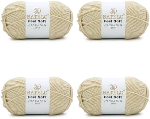 Thin Chenille Yarn for Crocheting & Knitting, Soft Plush Yarn for DIY Crafts, Amigurumi, Home Decor - 3 Light - 4 Pack of 1.7oz/142yds - Beige