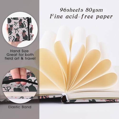 Handy Size 5 x 5 inches Sketch Book, 80GSM Acid Free Artistic Drawing Painting Writing Paper, Hardcover Cloth Cover Art Sketchbook,Journal Notebook.Bow Black Cat
