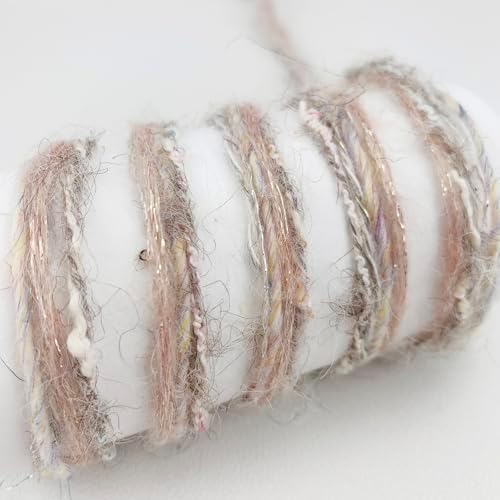 Artisanal Yarn Collection Multifiber Multicolored Fancy Yarn with Subtle Shimmering Threads for Knitting Crocheting Crafts DIY, Set of 3 Rolls (Gray Pink)