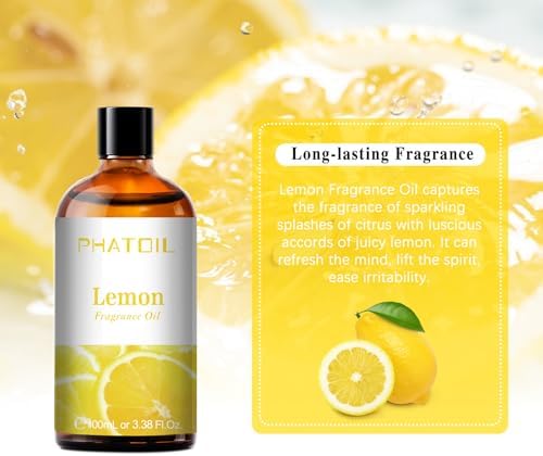 PHATOIL Lemon Fragrance Oil for Diffuser Aromatherapy 3.38FL.OZ | Long Lasting Scented Oils For Humidifier, Air Freshener, DIY Soap Candle, Scent Project Making, Aroma Oil for Home Freshening