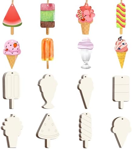40Pcs Ice Cream Unfinished Wooden 8 Style Cutouts Ornaments DIY Craft Paintable Blank Cutouts Hanging Wood Slices for Summer Birthday Pool Party Decor Supplies