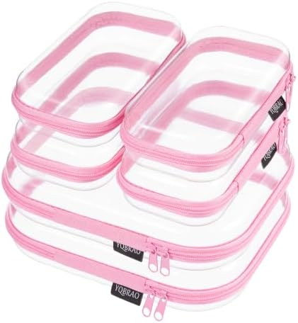 YQBRAO Clear Hard Shell Zipper Cases, 6 Travel Organizers, 2M 4S, Pink