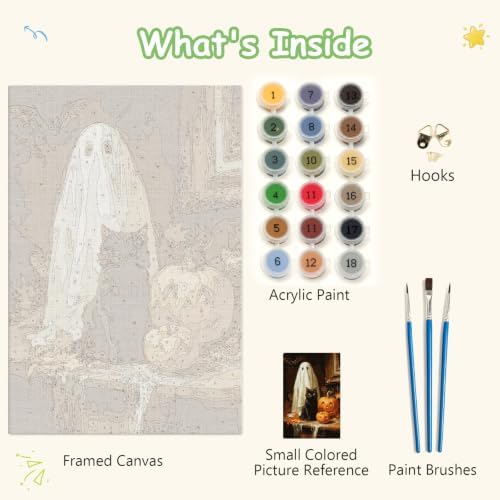 Spandrel Halloween Ghost Framed Paint by Numbers Kit for Adult, Black Cat Paint by Number Kits on Canvas, DIY Acrylic Oil Pumpkin Painting by Numbers for Home Wall Decor, 8x12in