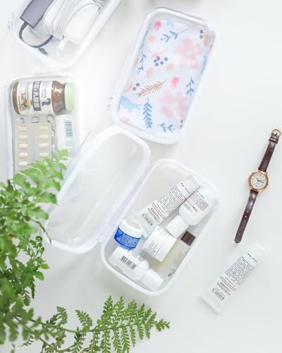CoiiJoii Zippered Pouch Hard, Clear Zippered Hard Pouch, Stackable Storage Bins, Portable Clear Bin Zipper (White, Small)