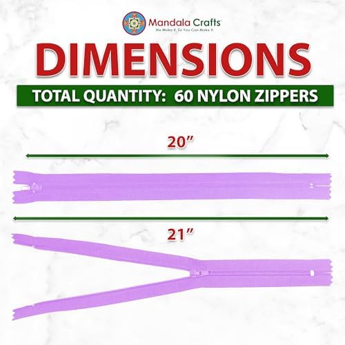 Mandala Crafts 60 PCs Lilac Closed-End 20 Inches Nylon Zippers for Sewing