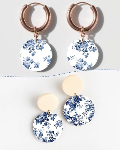 Puocaon Blue Flower Clay Transfer Paper - 18 Pcs Traditional Chinoiserie Art Design Transfer Sheets for Polymer Clay Blue Floral Earrings Design Jewelry Making