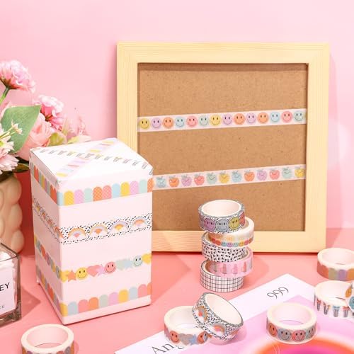 JarThenaAMCS 12 Rolls Washi Tape Composition Notebook Classroom Decor Pastel Smile Rainbow Decorative Masking Tape Set Preppy Wrapping Paper Tapes for Back to School Scrapbook Journal DIY Art Crafts