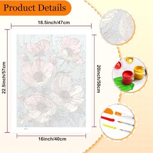 Flower Paint by Numbers Kit for Adults Floral Paint by Number Adult 16x20in | Flowers Paint by Numbers Adult for Home Wall Decor Gifts, DIY Acrylic Oil Painting Pre Drawn Canvas Stress Relief