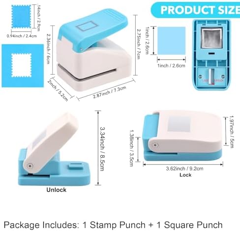 2 Pcs Paper Punch | 1 inch Square Punch | 1.1X0.9 inch Embossing Postage Stamp Shape Puncher | Square Stamp Hole Puncher | Portable Lever Craft Hole Punches for Crafting DIY Scrapbooking Projects