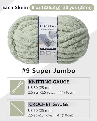 Cozyful Chunky Yarn for Hand Knitting, #9 Thick Jumbo Big Chunky Yarn for Crocheting, Super Chunky Knit Blanket Yarns, Large Chunky Chenille Yarns, 8 Pack (30 yds 8 oz Each Skein), Sage Green