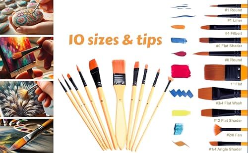 EXERZ 10 pcs Artist Paint Brush Set Synthetic Hair for Acrylic