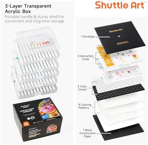 Shuttle Art Automatic Ink Control Acrylic Paint Markers, 60 Colors Brush Tip Acrylic Paint Pens for Rock, Ceramic, Wood, Canvas, Glass, Stone, Fabric, Card Making, DIY Football Crafts, FlipFunAlong
