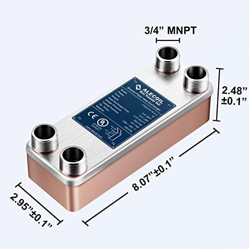 ALECOIL 3"x8" 16 Plates Heat Exchanger with 3/4" MPT Port Water to Water 316L Stainless Steel Brazed Plate Heat Exchanger for Water Heating, Floor Heating, Commercial and Industrial Refrigeration