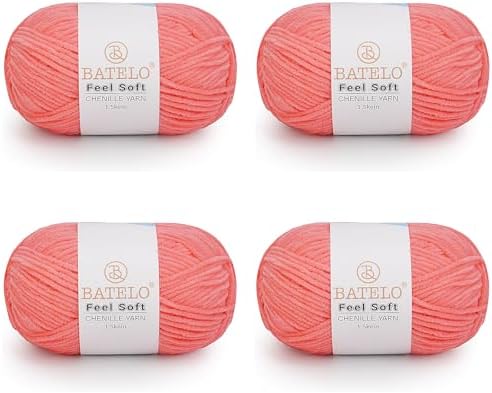 Thin Chenille Yarn for Crocheting & Knitting, Soft Plush Yarn for DIY Crafts, Amigurumi, Home Decor - 3 Light - 4 Pack of 1.7oz/142yds - Watermelon Red