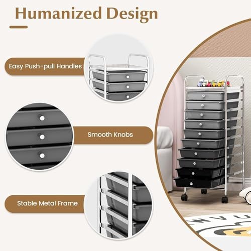 Storage Cart, Rolling Utility Cart with 10 Drawers, Portable Handles & Lockable Wheels, Mobile Paper Toys Storage Organizer Large Capacity for Home Office School Teacher (Gradient Black)