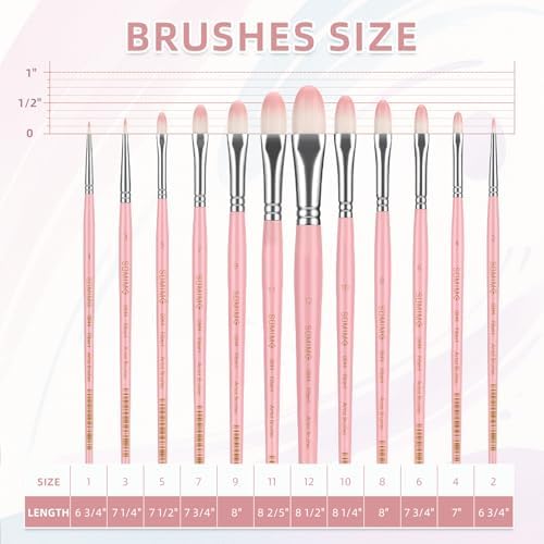 12 Pcs Filbert Professional Artist Watercolor Paint Brush Set, Pink
