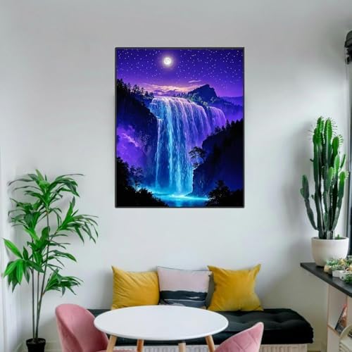 ldazao Framed Paint By Numbers Kit for Adults, Starry Waterfall Paint By Number Artist Kits for Beginner Acrylic On Canvas Forest Oil Painting Kit for Gift Home Wall Decor 9.5x12 Inch