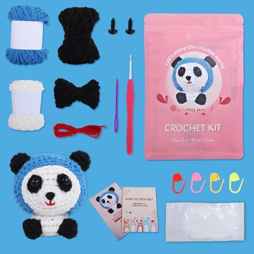 Autglint Panda Crochet Kit for Beginners, Learn to Crochet Starter Kit with Pre-Started Yarn & Easy-to-Follow Video Tutorials, DIY Amigurumi Animal Kit for Adults Kids Gift