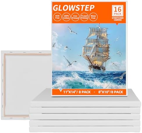 Stretched Canvas for Painting, 16 Pack Painting Canvas for Adults & Kids (8 of 8"x10" and 8 of 11"x14"), 4-Layer 8oz Primed 100% Cotton Canvas, Acid-Free, Warp-Free, for Acrylic and Oil Painting