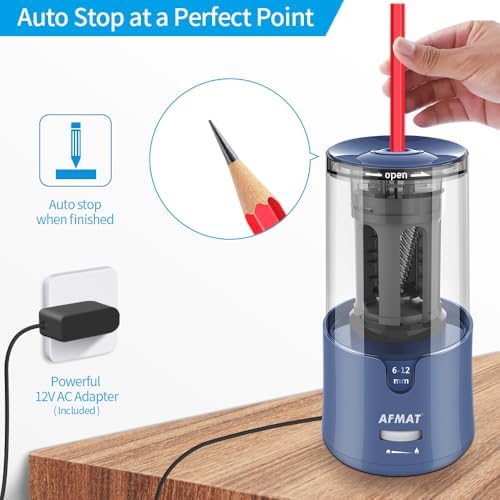 AFMAT Electric Long Point Pencil Sharpener for Artist, Auto Stop & Fast Sharpening, 8-17mm Super Long Point, Artist Pencil Sharpener Plug in for φ6-12mm Charcoal/Drawing/Sketching/Colored Pencils