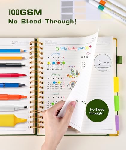 Hardcover Spiral Notebook journal with Removable Dividers Tabs, 300 Pages Leather 5 Subject Notebook College Ruled, 8"x10" Large B5 Notebooks for Work School Note taking, Lined Journal for Women,Green