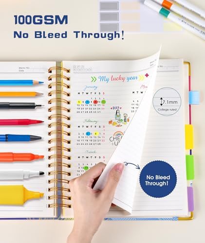 Hardcover Spiral Notebook journal with Removable Dividers Tabs, 300 Pages 5 Subject Notebook College Ruled, 100GMS Notebooks for Work School Note taking,Lined Journal for Women,Colorful Feather