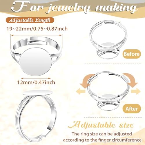 Herdear 40pcs Adjustable Blank Rings 12mm Base, Silver