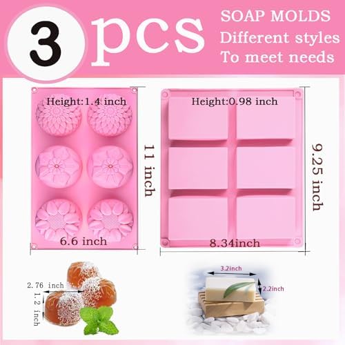 3 Pack Silicone Soap Molds,Flowers&Rectangular shape Soap Mold for Soap Making,Great for Handmade Soaps,Lotion Bars,Chocolate,Moon Cake