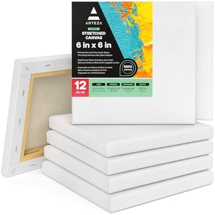 ARTEZA Stretched Canvas, 6 x 6 Inches, Pack of 12, Blank White Square Canvas for Painting for Acrylic, Oil and Gouache Paints