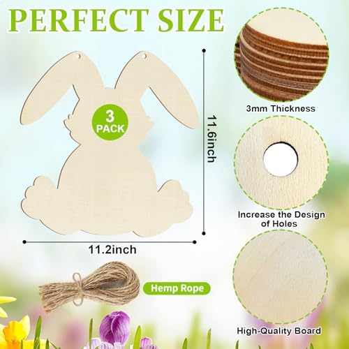 Large Size 12" Wooden DIY Blank Unfinished Round Wood Discs Ornament Happy Easter Bunny Door Sign Door Hanging Sign Plaque Crafts Hanging Decorations 3PCS