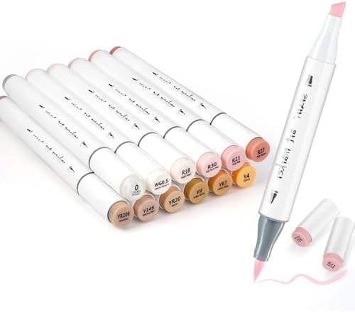 SFAIH Skin Tone Alcohol Markers Brush & Chisel Tip - 12 Light Skin Colors | Dual Tip Art Markers for Artist Adult Coloring Illustration, Portrait Hair Skin Anime, Blending, Gifts for Artist Adult