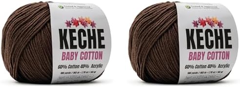 Keche Baby Cotton, 60% Cotton 40% Acrylic Yarn, Soft Cotton Yarn for Crochet and Knitting, Amigurumi Yarn 4 Skeins/Balls [1.76 Oz (50g) / 180 Yrds (165m)] x 2 Brown