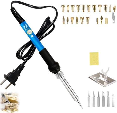 Wood Burning Kit, Adjustable 6 Temperature Pyrography Tool, 60W Iron with 5 Tips & Sponge for DIY Wood Crafts, Wood Art & Pyrography, Ideal for Detailed Shading & Designs (Brass, 30-Piece Set)