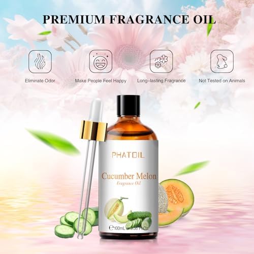 PHATOIL Cucumber Melon Fragrance Oil for Diffuser Aromatherapy 3.38FL.OZ | Long Lasting Scented Oils For Humidifier, Air Freshener, DIY Soap Candle, Scent Project Making, Aroma Oil for Home Freshening
