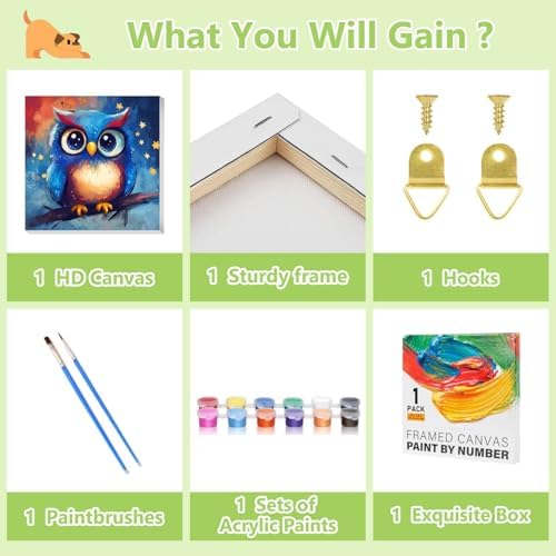 Reivworl Owl Paint by Numbers Kit for Kids with Frame 8×8 inch