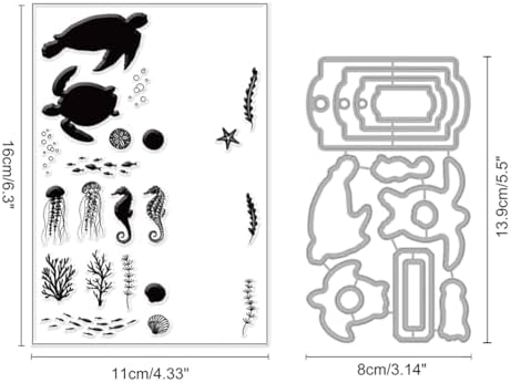 INFUNLY Sea Cutting Die and Stamp Set Sea Animal Clear Stamps and Dies for Card Making Sea Turtle Rubber Stamp Hippocampus Seaweed Jellyfish Rubber Stamps for Crafting Paper DIY Scrapbooking Decor