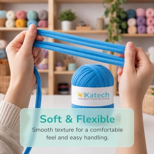 Katech 400g T-Shirt Yarn for Crocheting, Elastic Fabric Yarn for Bag-Blue