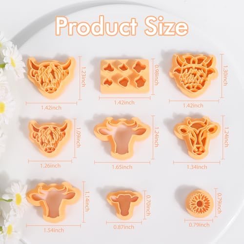 Puocaon Sunflower Highland Cow Earring Cutters - 9 Pcs Sunflower Highland Clay Earrings Making Kit Dairy Cow Animal Stud Clay Cutters for Jewelry Making