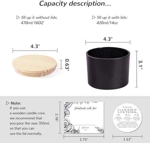 6-Pack 16 oz Candle Jars - Frosted Black Glass with 3 Wicks, Empty Containers for Candle Making