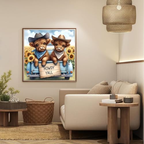 AOSGEDY Cow Diamond Art Kits for Adults Beginner, DIY Highland Cow Diamond Painting Kits for Adults, 5D Round Full Drill Diamonds Dots Gem Art and Crafts for Home Wall Decor 14x14 Inch