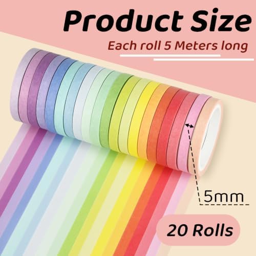 Colorful Washi Tape Set, 20 Rolls Decorative Washi Tape for Scrapbooking Planner Bullet Journal Crafts DIY Art Supplies Gift Wrapping (5mm*5M)