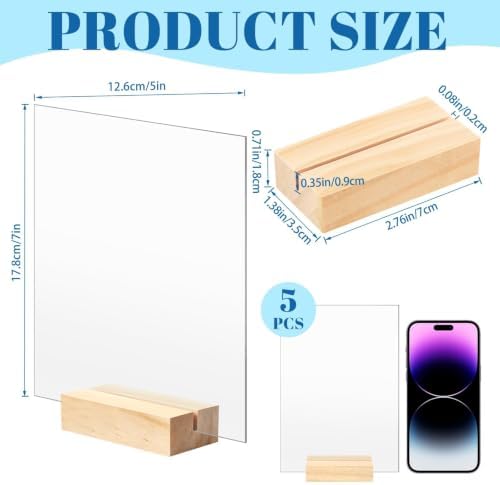 Bercoor 5 Pack 5x7 Inch Blank Clear Acrylic Sign with Wooden Stands, Rectangle Top Acrylic Sheet, DIY Acrylic Rectangle Table Numbers for DIY Name Card Gifts Event Party Sign Decoration