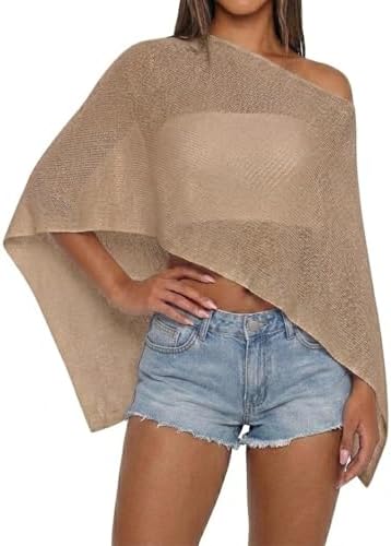 Women Sheer Knit Poncho Top Beach Cover Up Lightweight Crochet Shrug Y2k Summer See Through Shawl