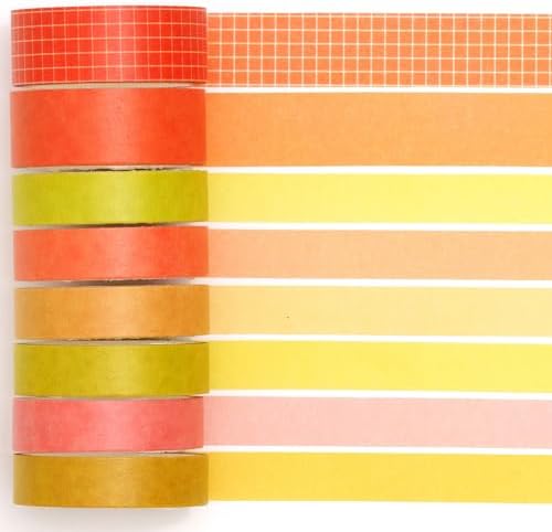 YUBBAEX 8 Rolls Basic Washi Tape Set Solid Color Grid Masking Decorative Tapes for Arts, DIY Crafts, Journals, Planners, Scrapbooking, Wrapping (Rising Sun)