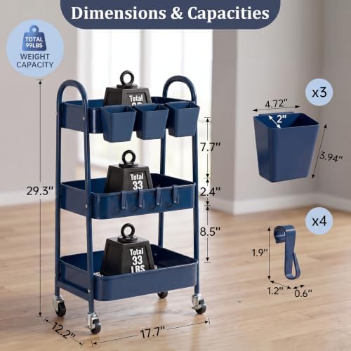 danpinera 3-Tier Rolling Cart, Utility Cart Mobile Metal Rolling Storage Cart with Lockable Wheels & Hanging Cups & Hooks for Kitchen, Bathroom, Office, Workshop, Dark Blue