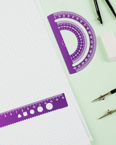 5 Pcs Metal Geometry Set, Math Drafting Ruler Kit- Aluminum Triangle Rulers, Protractor, 8 Inch and 6 Inch Drawing Ruler, Measuring Tool for School and Office Supplies (Purple)