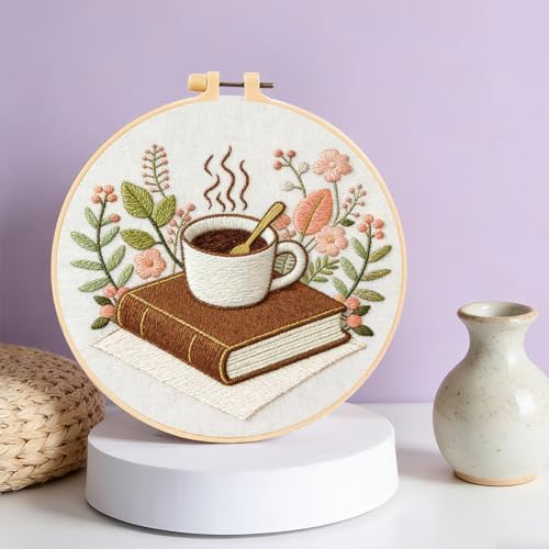 FREEBLOSS 4 Sets Embroidery Kit for Beginners Needlepoint Embroidery Starter Kit with Coffee and Book Stamped Patterns, Instructions, Colored Threads, 2 Hoops 20cm/7.9inch